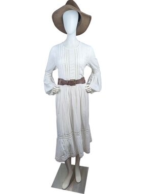 Selected Femme White Sheer Boho Festival Midi Dress Balloon Sleeves Size M/L